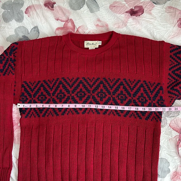 Eddie Bauer Vtg USA Made Medium Red Heavy Cotton Knit Fair Isle Pullover Sweater - Picture 6 of 9